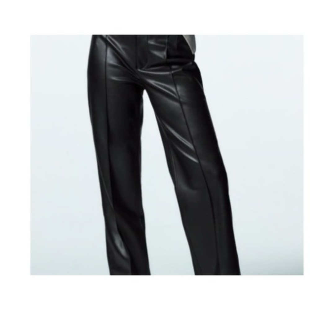 Zara High Waisted Faux Leather Wide Leg Trousers Women Size Medium Black